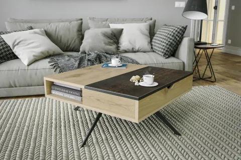 Moderner Couchtisch aus Holz und dunkler Oberfläche mit integriertem Fach, dekorativ platziert vor einem grauen Sofa auf strukturiertem Teppich.