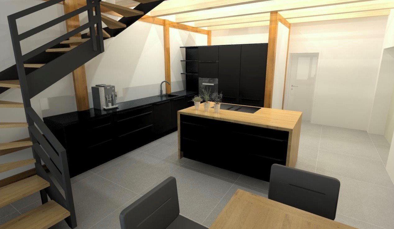 3D-Rendering einer modernen Küche mit schwarzen Fronten, Holzarbeitsplatte und Glastreppe.