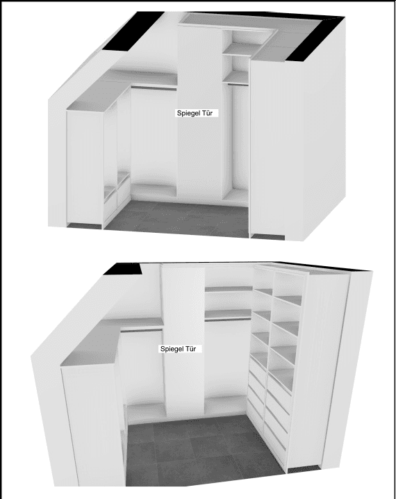 3D-Planungsdarstellung eines Ankleidezimmers mit Spiegeltür, obere und untere Ansicht des Raumkonzepts.