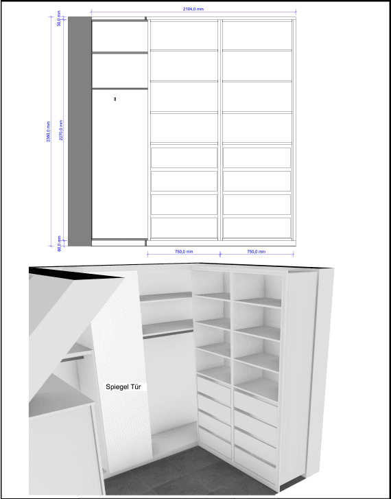 Technische Zeichnung und 3D-Visualisierung eines Kleiderschranks mit Maßangaben und Spiegeltür.