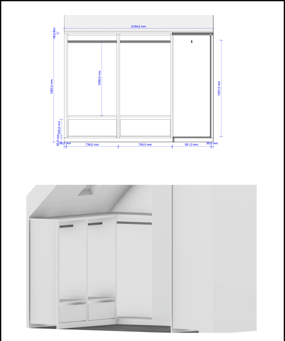 Konstruktionsplan mit Maßen und 3D-Rendering eines Eckschranks unter der Dachschräge.