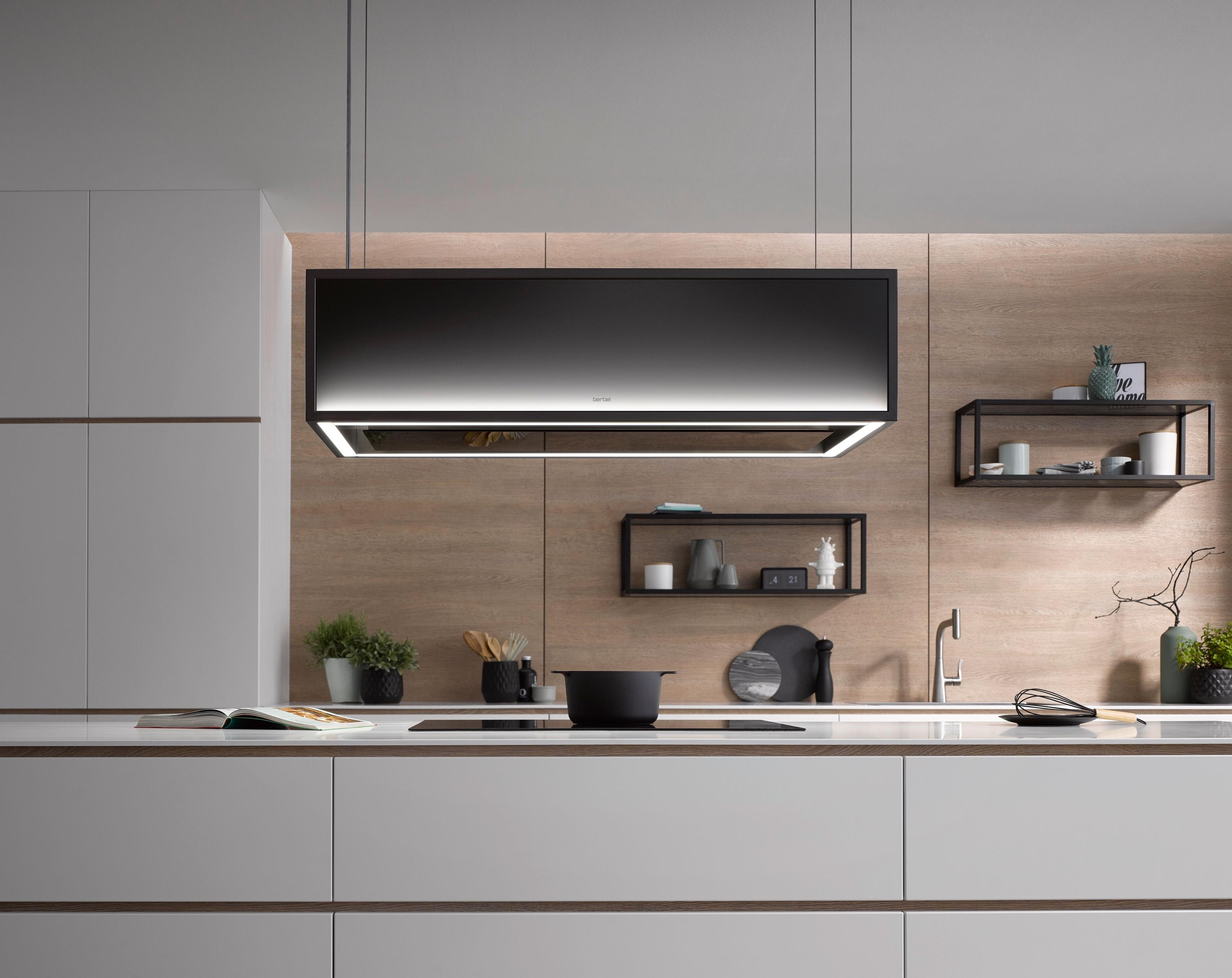 berbel Inselhaube mit LED-Beleuchtung und fettfilterfreier Technologie für moderne Küchen.