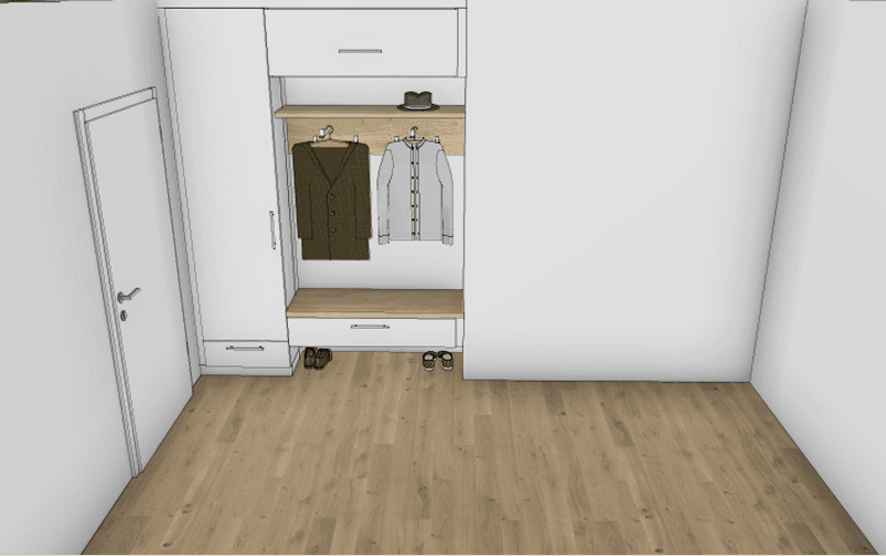 D-Rendering eines Eingangsbereichs mit weißem Einbauschrank, offener Garderobe mit hängenden Jacken, Schublade und hellem Holzboden.