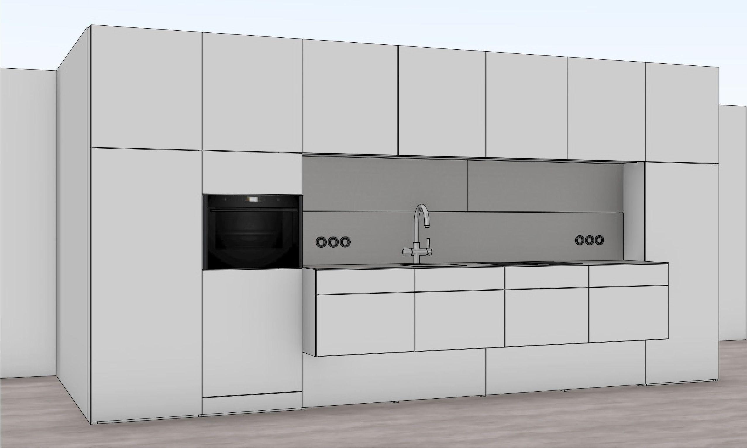 3D-Rendering einer grauen Einbauküche mit Hochschränken, eingebautem Backofen, Arbeitsplatte mit Spüle und Armatur sowie symmetrisch angeordneten Unterschränken in minimalistischem Design.