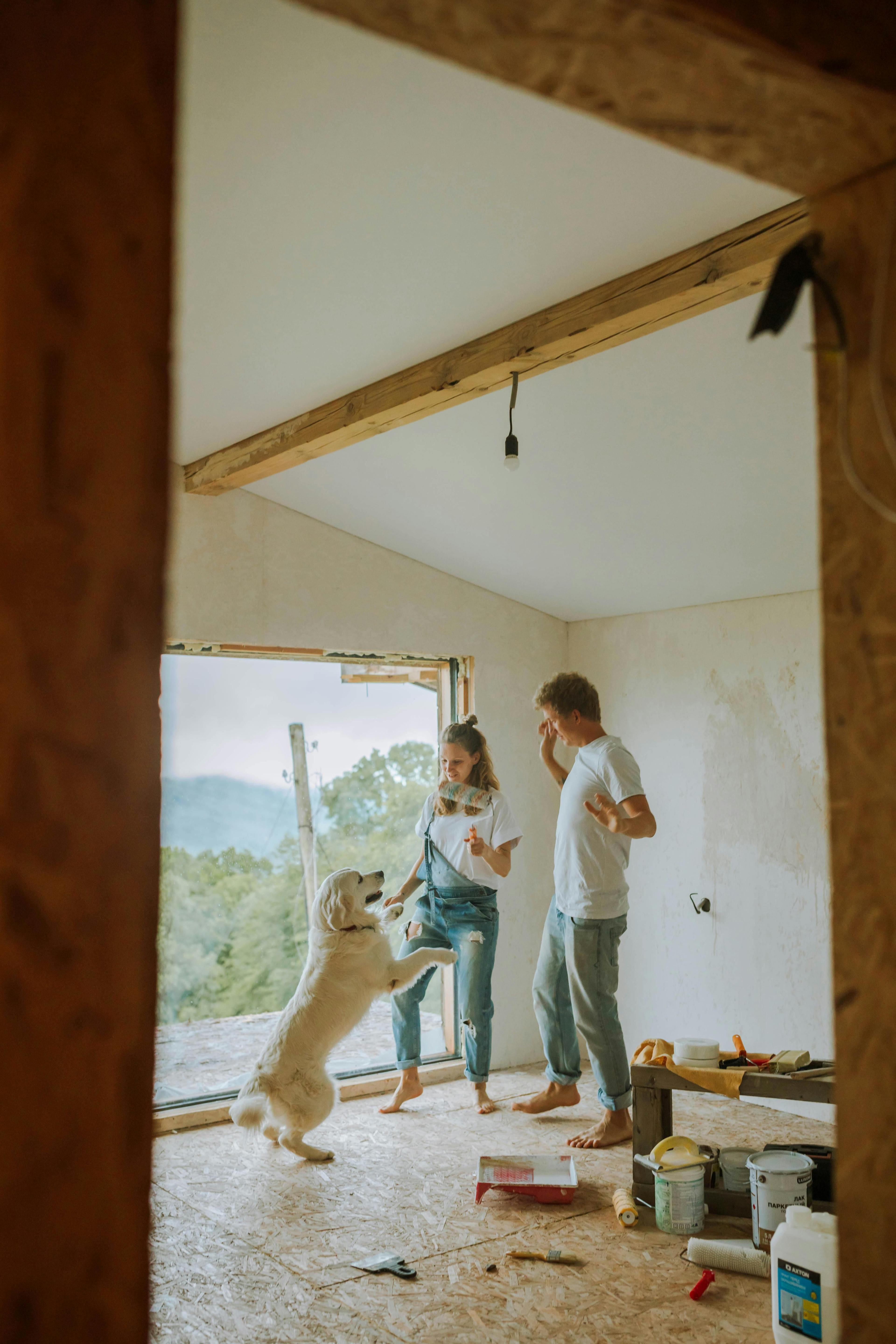 Paar renoviert gemeinsam einen Raum mit Holzbalkendecke, während ein weißer Hund auf die Frau aufspringt, Malutensilien stehen bereit.