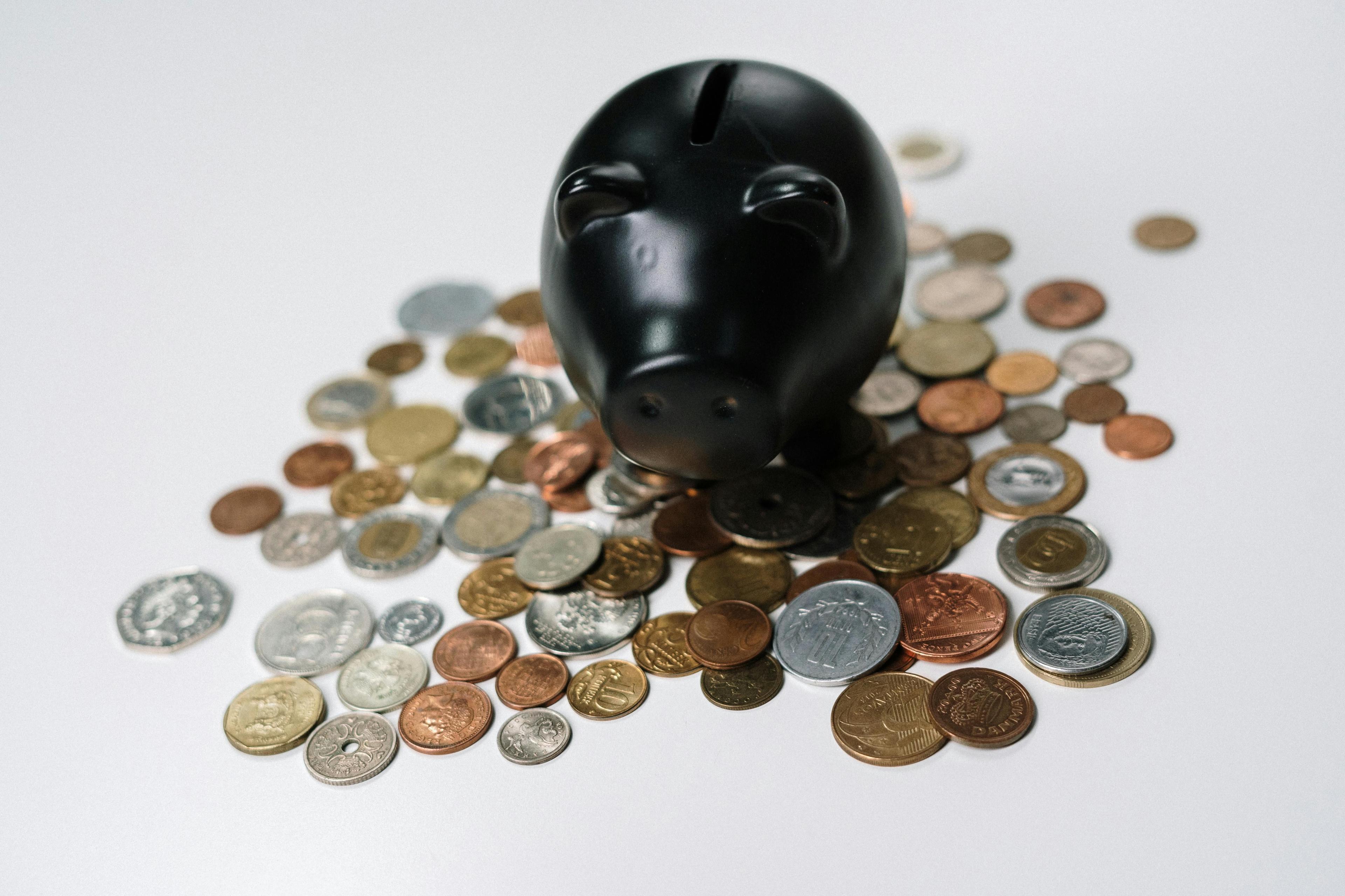 Schwarzes Sparschwein steht auf einem weißen Untergrund, umgeben von verschiedenen Münzen in Gold-, Silber- und Kupferfarben.