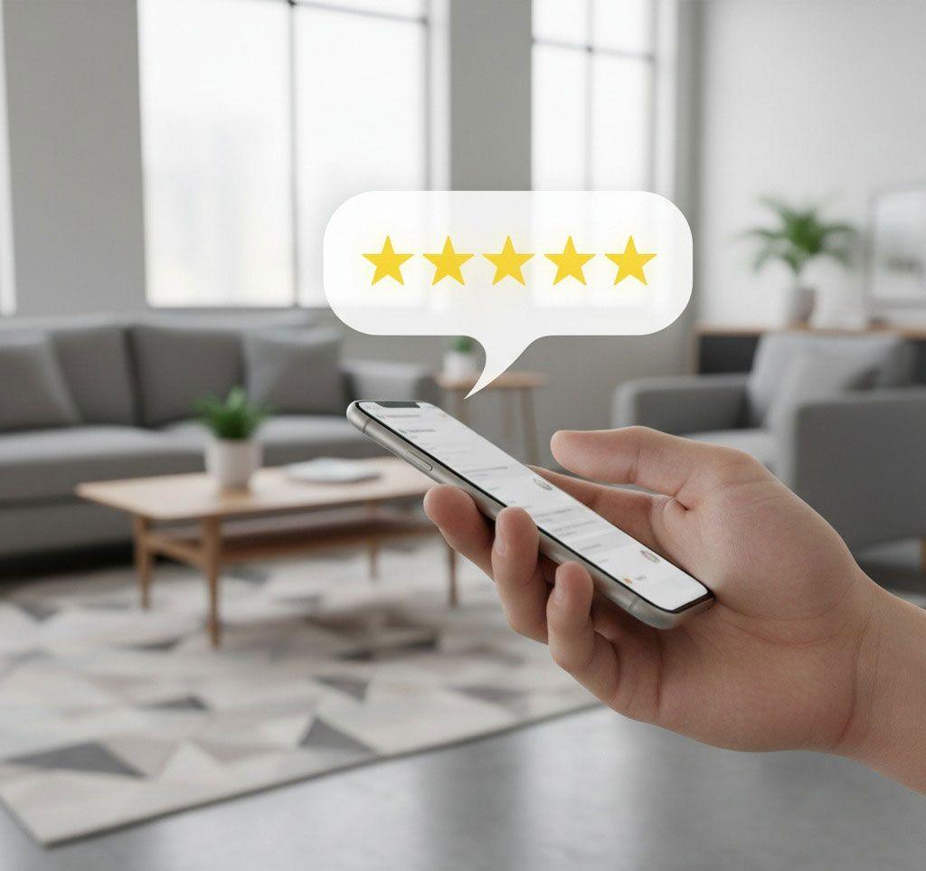 Hand die ein Smartphone hält und eine 5 Sterne Bewertung abgibt