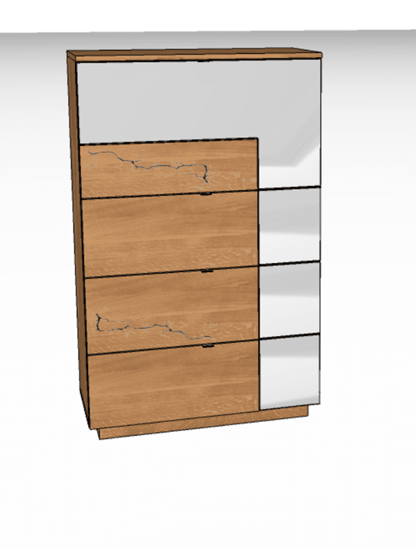 3D-Rendering eines modernen Highboards mit Holzfronten und weißen Elementen