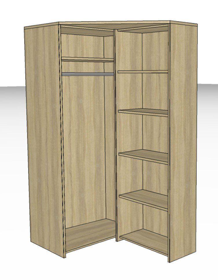 3D-Planzeichnung eines Eckschranks aus hellem Holz mit detaillierter Innenaufteilung und Fachaufteilung.