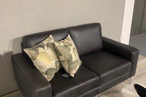 Schwarzes Ledersofa mit grünen Dekokissen auf Metallfüßen vor Kuhfell-Teppich in Möbelhaus-Ausstellung.