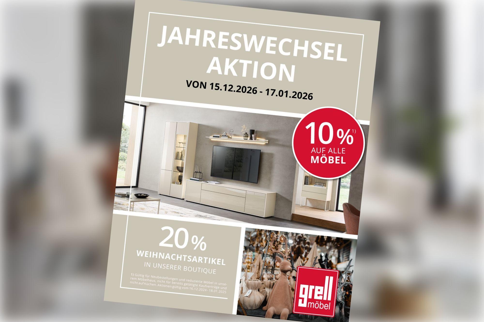 Werbegrafik zur Jahreswechsel-Aktion von Grell Möbel mit 10 % Rabatt auf Möbel und 20 % auf Weihnachtsartikel, inklusive Wohnwand- und Dekobild.