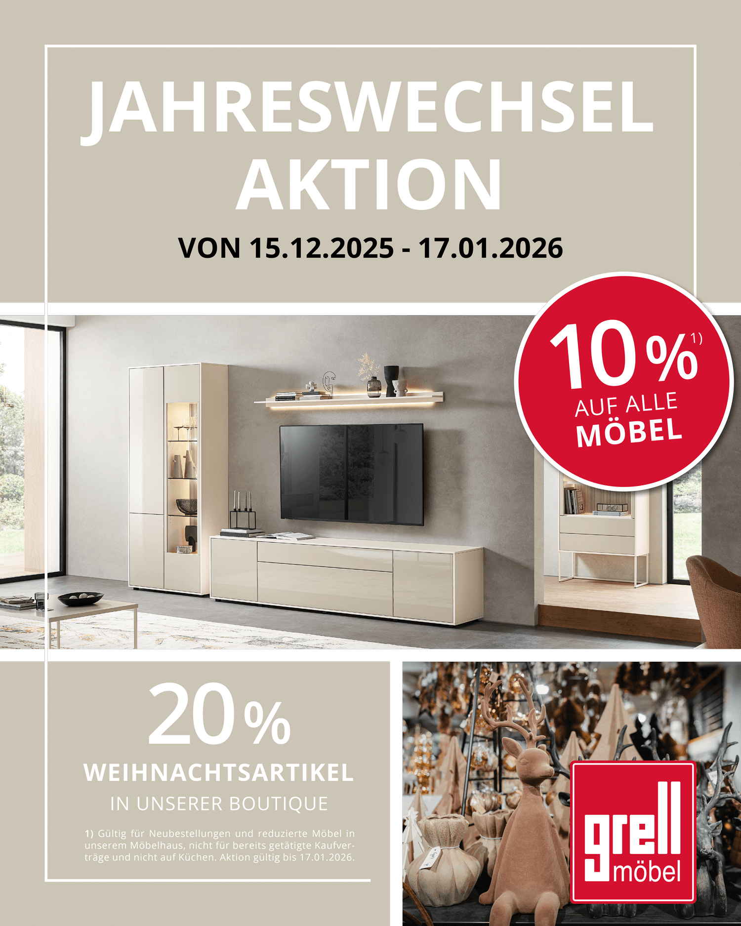 Jahreswechsel-Aktion bei Grell Möbel mit 10 Prozent Rabatt auf Möbel und 20 Prozent Rabatt auf Weihnachtsartikel, dargestellt mit Wohnwand und Boutique-Dekoration.
