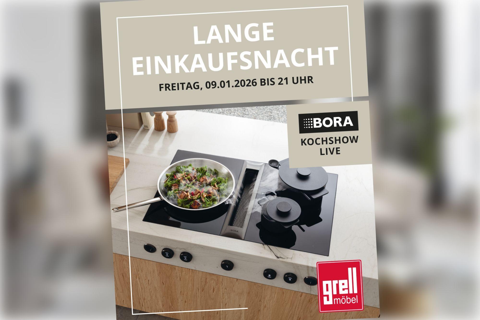 Werbegrafik zur langen Einkaufsnacht von Grell Möbel mit Hinweis auf eine BORA Kochshow und Abbildung eines modernen Kochfelds.